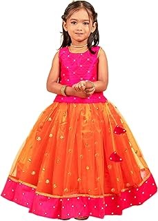 Stanwells Kids Girls Orange & Magenta Mirror Work Flared Net Sleeveless Lehenga Choli Set Pattupavadai for Girls