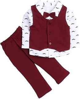 BUMZEE Boys Cotton Full Sleeves Shirt Waistcoat & Pant Set With Applique Bow (Peb4117)