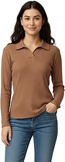 Women's 100% Cotton Regular Fit Waffle Collar Polo Neck Full Sleeve T-Shirt | Stylish Long Sleeves Tops for Women & Girls