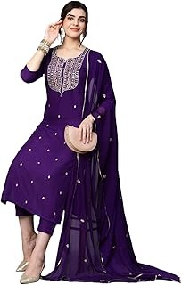 GoSriKi Women’s Cotton Blend Embroidered Kurta Set with Pant & Dupatta – Straight Calf‑Length, 3/4 Sleeve, Round Neck – Elegant Ethnic Attire (5 Colors, S–5XL)